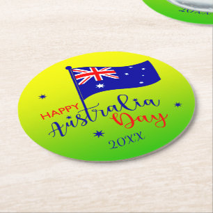 Add Year, Happy Australia Day Flag Green Gold Round Paper Coaster