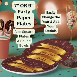 Add Year Text Happy New Year 20xx Gold Ribbon 9" Paper Plate