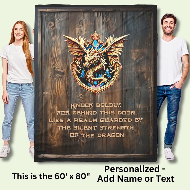 Add You Name or Text - Dragon on Wooden Door Wall Fleece Blanket (Creator Uploaded)