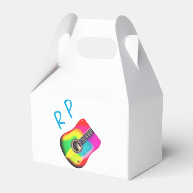 Add you name text brown acoustic guitar colourful favour box (Front Side)