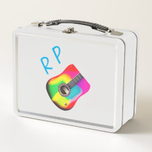 Add you name text brown acoustic guitar colourful metal lunch box