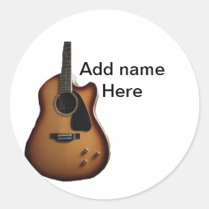 Add you name text brown acoustic guitar editable t classic round sticker