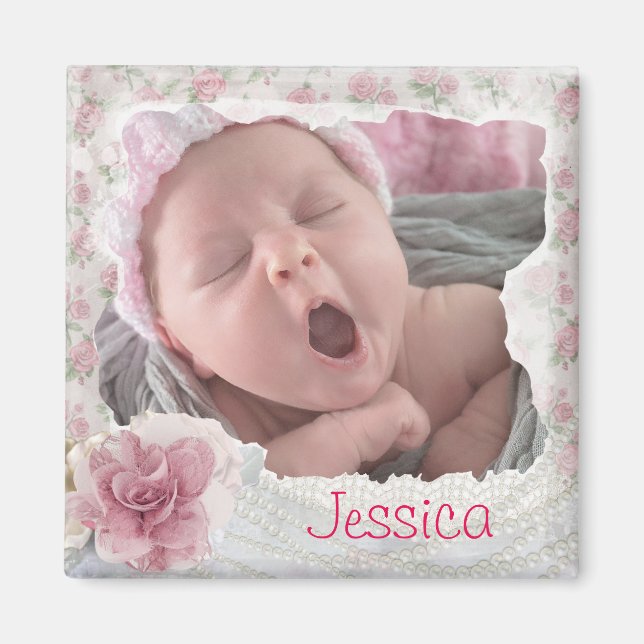 Add your baby's photo, Pretty Pink Lacy Magnet (Front)
