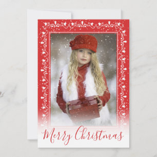 Add Your Christmas Photo Red Border White Bokeh Holiday Card