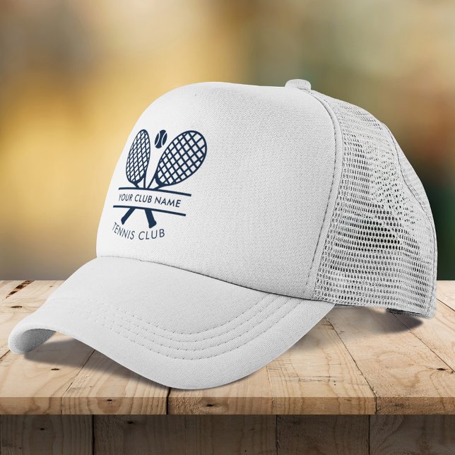 Add Your Club Name Tennis Icons Navy Blue Trucker Hat (Lawn Tennis Rackets Motif Custom White Navy Blue Players Trucker Hat)