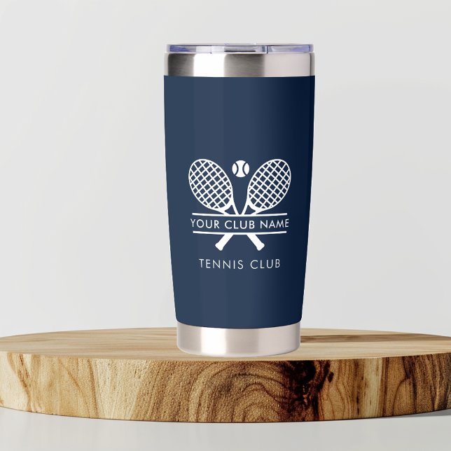 Add Your Club Name Tennis Sports Navy Blue Insulated Tumbler (Tennis Rackets Motif Custom Navy Blue Insulated Tumbler)