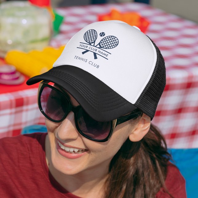 Add Your Club Name Tennis Team Coach Custom Trucker Hat (Lawn Tennis Country Club Rackets Motif Black Trucker Hat)