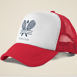 Add Your Club Name Tennis Team Navy Blue Custom Trucker Hat<br><div class="desc">Easily customise this trucker hat by adding your club or society name by clicking the "Personalise" button. You can change the background, fonts, and patch colour by clicking the "Edit with Design tool". Perfect for any club, business, or school society. Order as many or as fewer as required. There's no...</div>