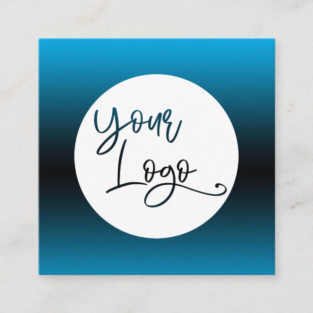 Add Your Custom Logo Over Sky Blue and Black Ombre Square Business Card (Front)