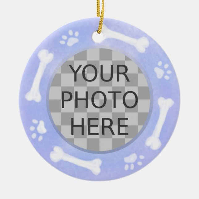 Add Your Dog's Photo: Bones and Pawprints Ceramic Tree Decoration (Front)