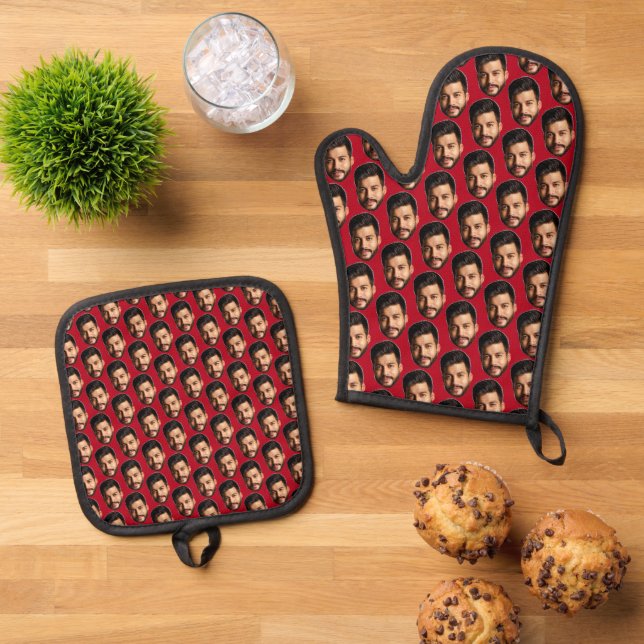Add Your Funny Face Photo Pattern Personalised  Oven Mitt & Pot Holder Set (Top Down)