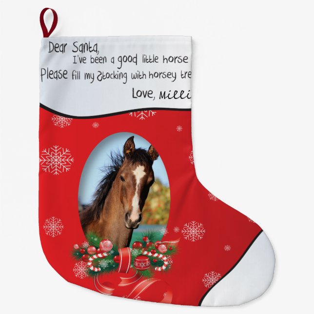 ADD YOUR HORSE Photo and Name Dear Santa Large Christmas Stocking (Front)
