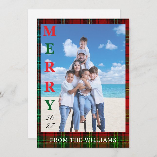 Add Your Image Custom Tartan Background Holiday Card (Front/Back)