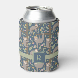 Add Your Initial   Cute Floral Sloth Pattern Can Cooler