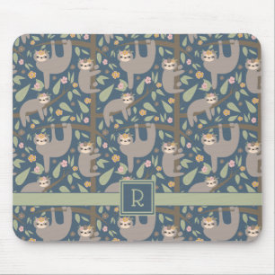 Add Your Initial   Cute Floral Sloth Pattern Mouse Pad