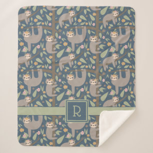 Add Your Initial   Cute Floral Sloth Pattern Sherpa Blanket