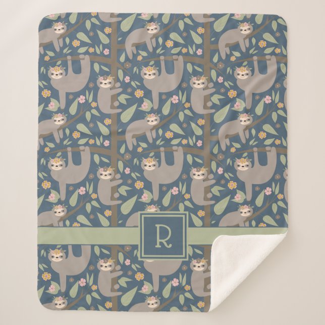 Add Your Initial | Cute Floral Sloth Pattern Sherpa Blanket (Front)