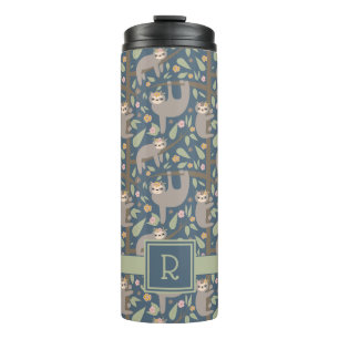 Add Your Initial Cute Floral Sloth Pattern Thermal Tumbler