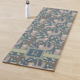 Add Your Initial   Cute Floral Sloth Pattern Yoga Mat