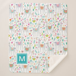 Add Your Initial   Cute Pastel Llama Pattern Sherpa Blanket