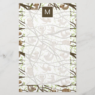 Add Your Initial Smiling Sloth Pattern Stationery
