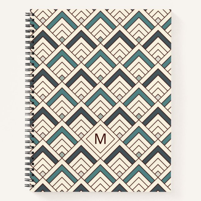 Add Your Initial | Teal Geometric Pattern Notebook (Front)