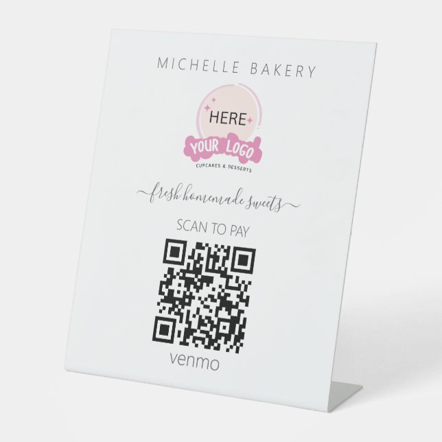 Add your Logo Blush Pink Bakery QR CODE Payment Pedestal Sign (Front)