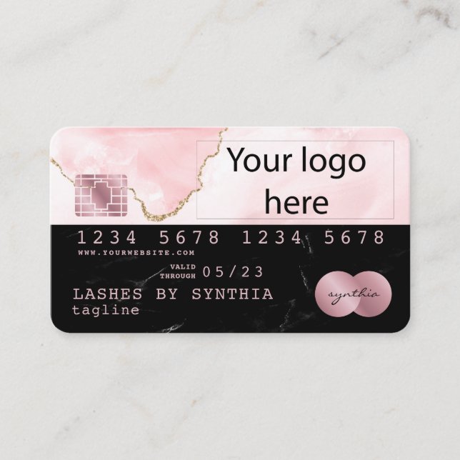 add your logo Credit Card Black Marble blush pink (Front)