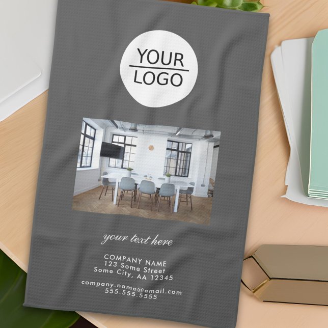 Add your Logo Custom Text Company Photo Grey Tea Towel (Creator Uploaded)