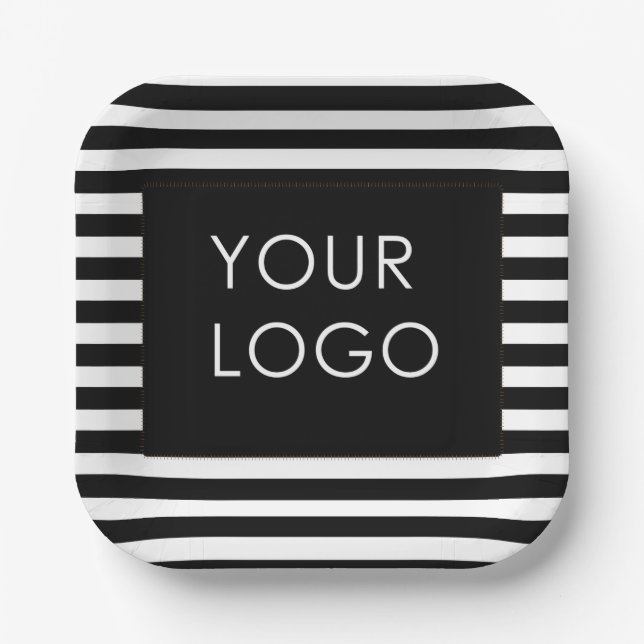 Add Your Logo Customisable Business Black Stripe   Paper Plate (Front)