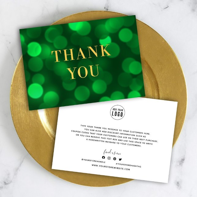 Add Your Logo Emerald Green Bokeh Lights Faux Gold Thank You Card (Creator Uploaded)