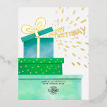 Add Your Logo Fun Green Gifts Boxes Business Foil Holiday Postcard<br><div class="desc">Our Custom Logo Business Watercolor Happy Birthday Postcard is the perfect way to send a smile to clients, employees and business partners. Featuring an original watercolor painting of three green colour gift boxes with real gold foil elements and confetti sprinkling out of the top box, with Happy Birthday text. Replace...</div>