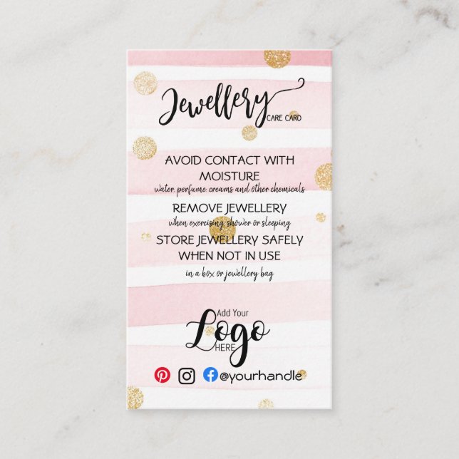 ADD YOUR LOGO jewellery CARE CARDS small business  (Front)