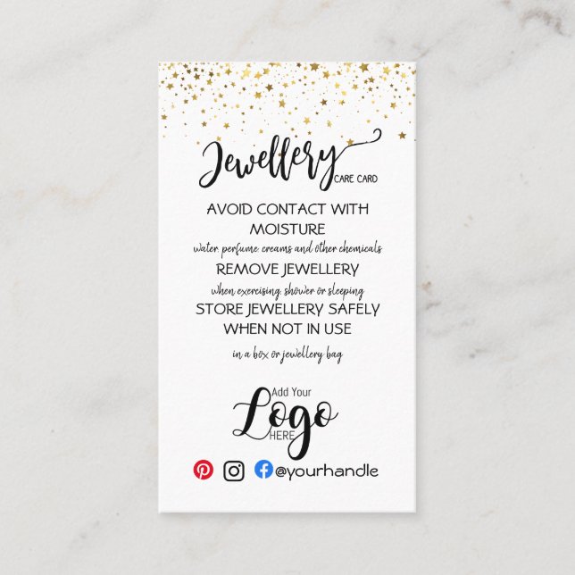 ADD YOUR LOGO jewellery CARE CARDS small business  (Front)