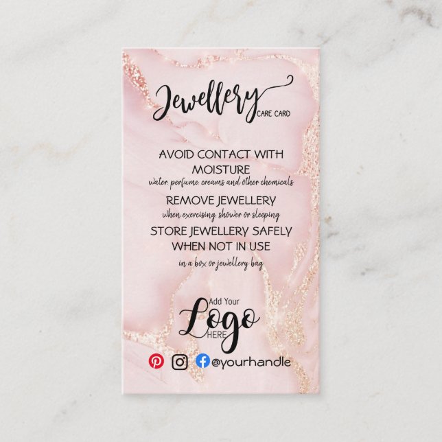 ADD YOUR LOGO jewellery CARE CARDS small business  (Front)