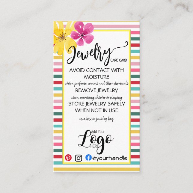 ADD YOUR LOGO jewelry CARE CARDS small business UK (Front)