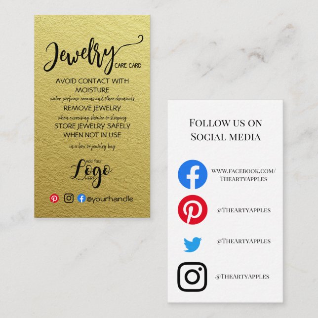 ADD YOUR LOGO jewelry CARE CARDS small business US (Front/Back)