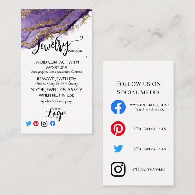 ADD YOUR LOGO jewelry CARE CARDS UK (Front/Back)