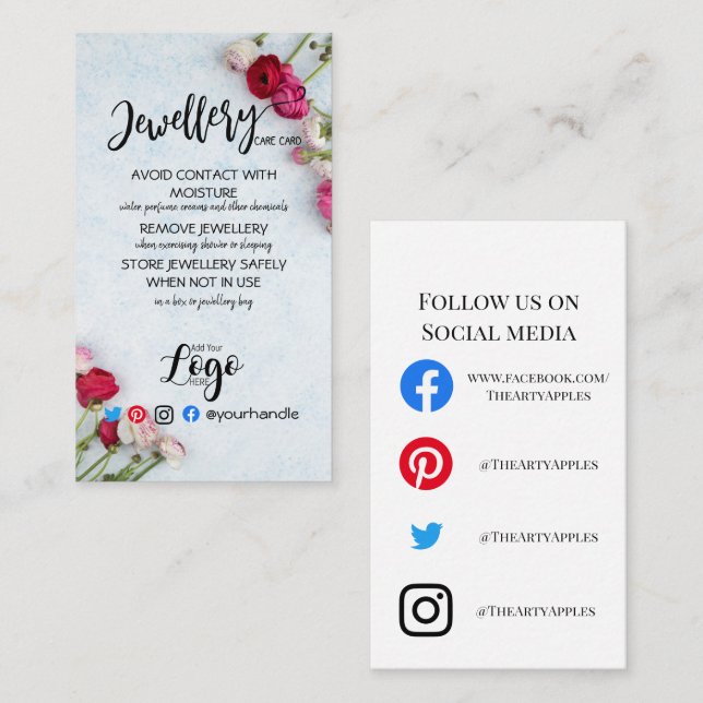 ADD YOUR LOGO jewelry CARE CARDS UK white flower (Front/Back)