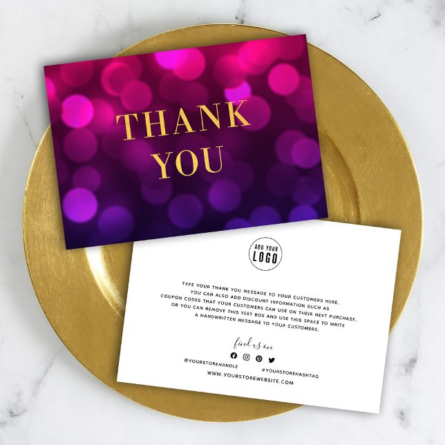 Add Your Logo Magenta Bokeh Lights Faux Gold Thank You Card (Creator Uploaded)