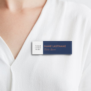 Add Your Logo Navy Blue Brown Elegant White Title Name Tag
