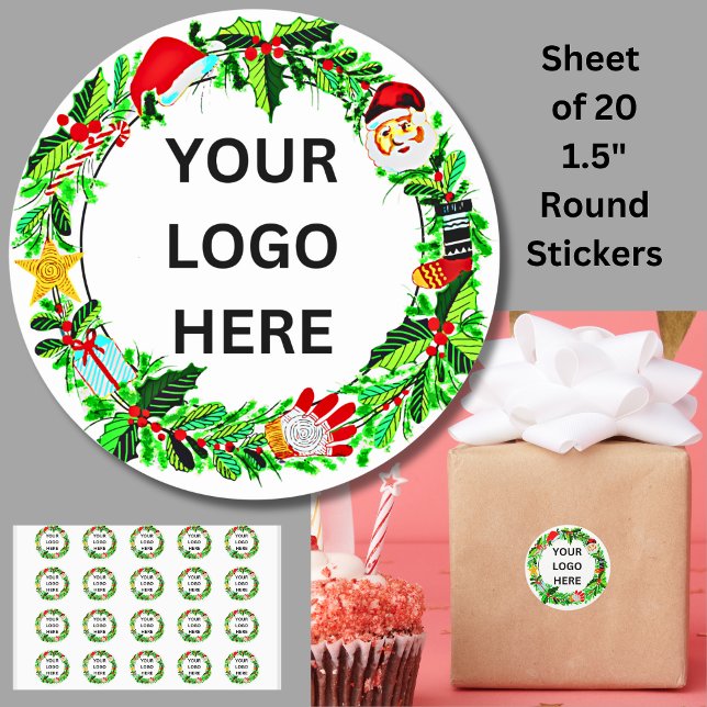 Add Your Logo on Christmas Wreath Santa Classic Round Sticker (Creator Uploaded)