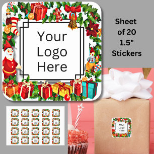 Add Your Logo on Christmas Wreath Santa & Gifts Square Sticker