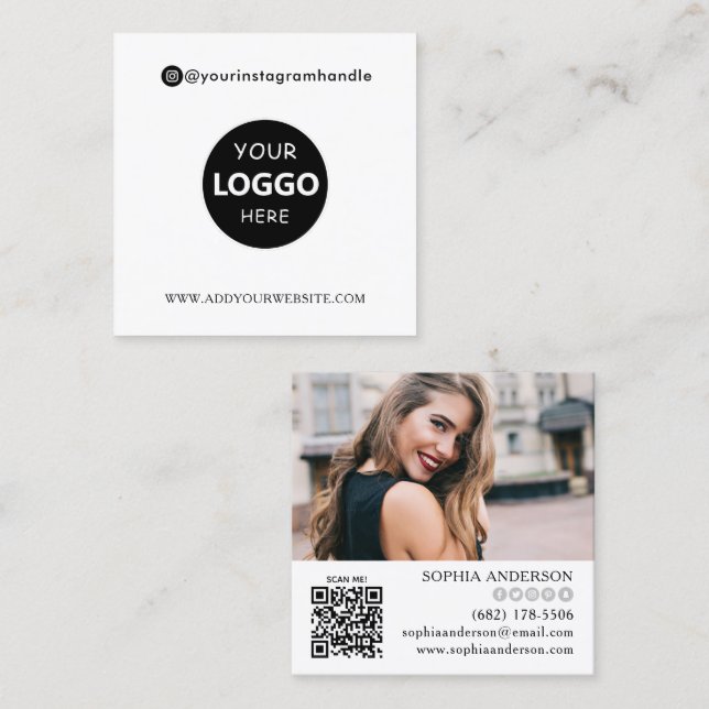  add your logo photo QR code Modern social media Square Business Card (Front/Back)