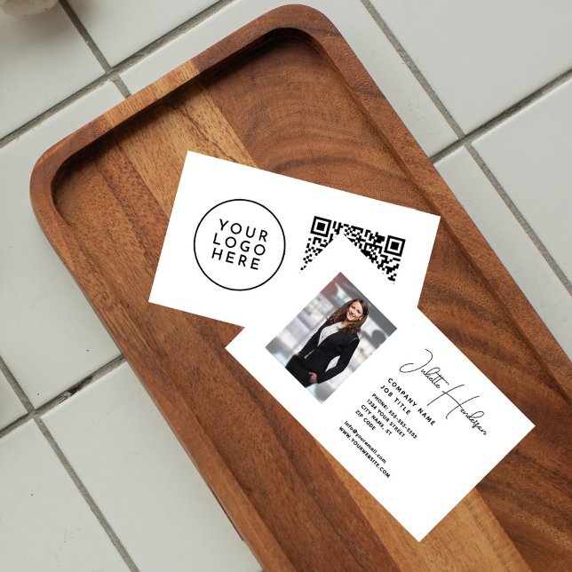 Add Your Logo Photo QR White Simple Professional Business Card (Creator Uploaded)