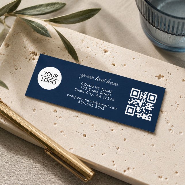 Add your Logo QR Code Custom Text Promotion Blue  Mini Business Card (Creator Uploaded)