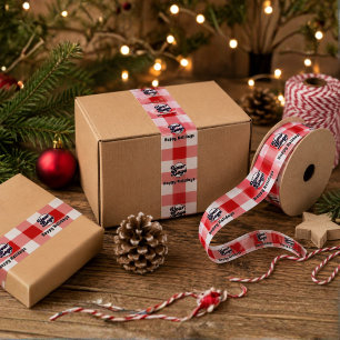 Add your logo Red Gingham Happy Christmas Packing Satin Ribbon