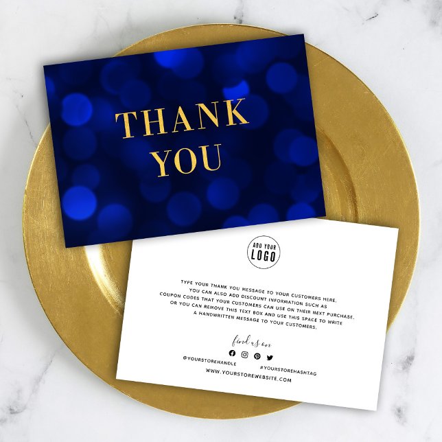 Add Your Logo Sapphire Blue Bokeh Lights Faux Gold Thank You Card (Creator Uploaded)