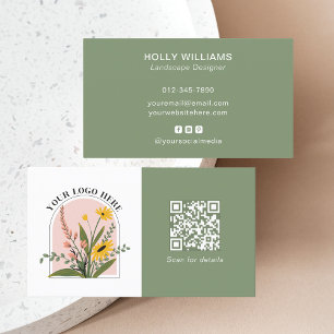 Add Your Logo Social Media QR Code Corporate Green Business Card