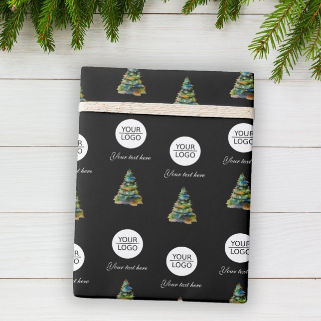 Add your Logo Text Promotion Christmas Tree Black Wrapping Paper (Creator Uploaded)